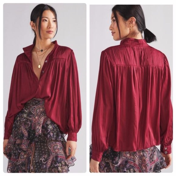 ANTHROPOLOGIE Relaxed Shimmer Satin Blouse Dark Cherry Henley Button Up Small - Picture 3 of 16